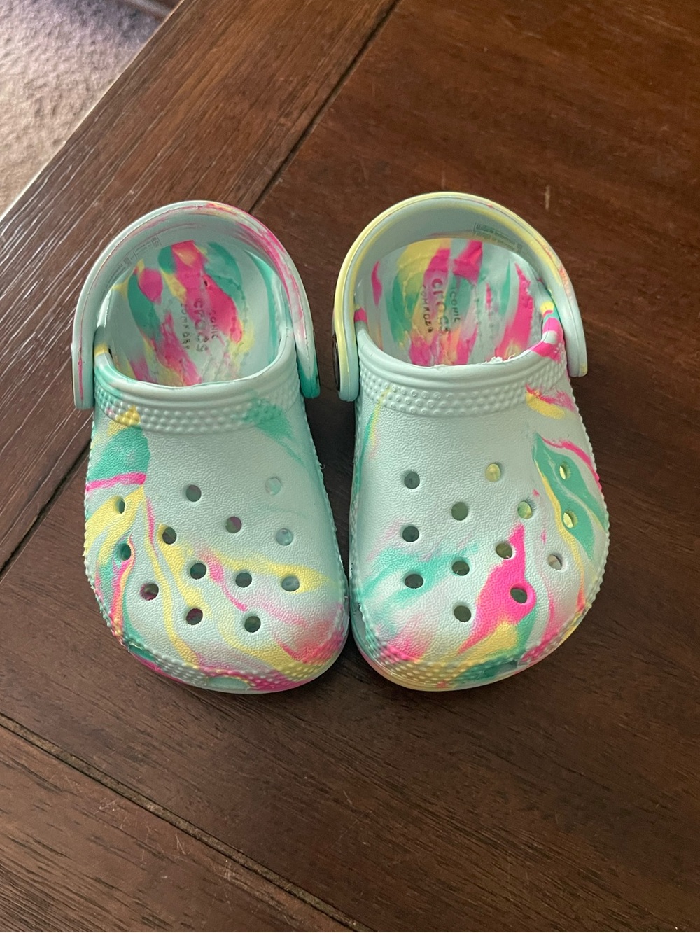 CROCS Kids Tie-Dye Clog Sandals in Aqua, Pink & Yellow - Picture 1 of 5